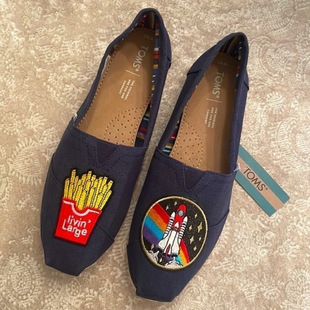 Brand New Toms Navy Blue Custom Slip On Shoes Fries Living Large Spaceship NASA
